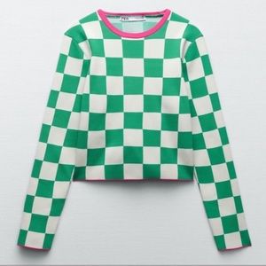 Zara Green and White Checkered Top